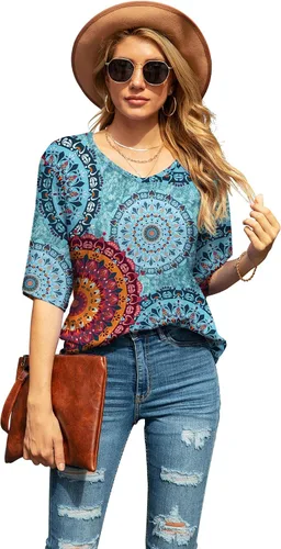 Vista 2 de SUEANI - Camiseta de cuello en V para mujer, diseño holgado con manga 34 acampanada