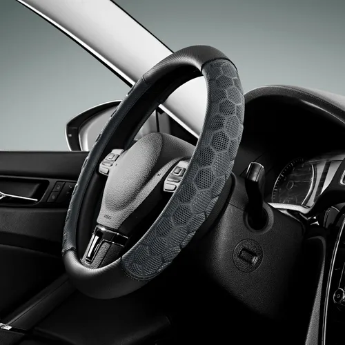 Vista 9 de Cubierta de Volante de Masaje PIC AUTO, Cubierta de Volante de Coche de Cuero Beige y Material de Patrón de Fútbol Rosa Combinado, Cubierta