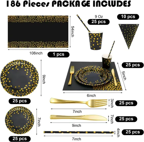 Vista 2 de Sylken Juego de vajilla de fiesta de 186 piezas en negro y dorado - 25 invitados, platos de papel, servilletas, vasos de papel y vajilla