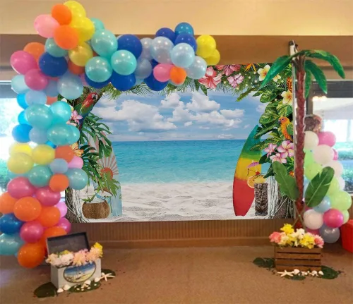 Vista 2 de Fondo de playa hawaiana para verano, flores tropicales, fondo de fotografía Luau, tabla de surf, cielo azul, hojas de palma, Aloha, decoraciones