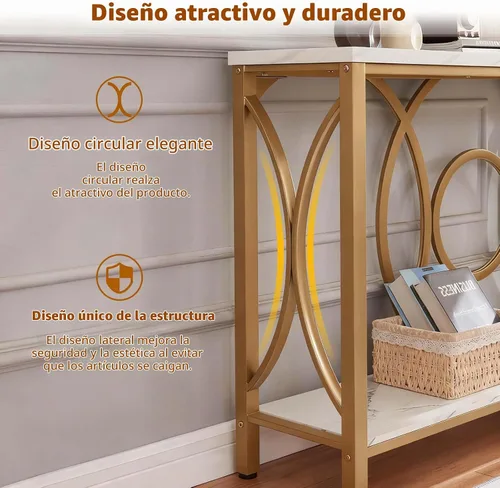 Vista 4 de HOMISSUE Mesa consola de sofá, moderna mesa consola dorada con mesa de mármol sintético, mesas de entrada de madera de ingeniería con almacenamiento