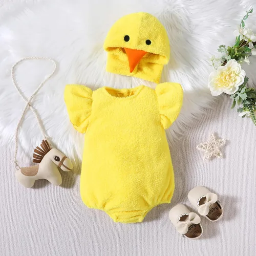 Vista 6 de FOUTTUE Disfraz de pollo para bebé, disfraz de animal de pollo, mameluco de vellón, conjunto de gorro de 9 a 12 meses, ropa para bebé niño