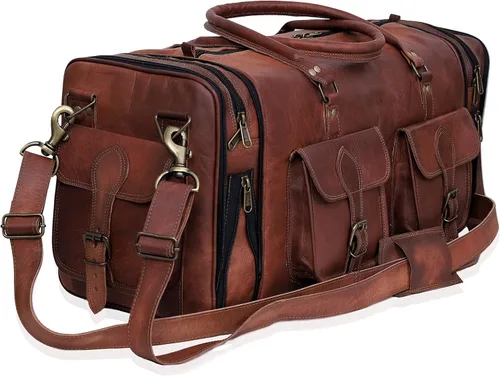Vista 2 de Bolsa de lona de cuero genuino de 24 pulgadas, hecha a mano, vintage, bolsa de equipaje para hombres, bolsa de viaje para hombre, bolsa de lona