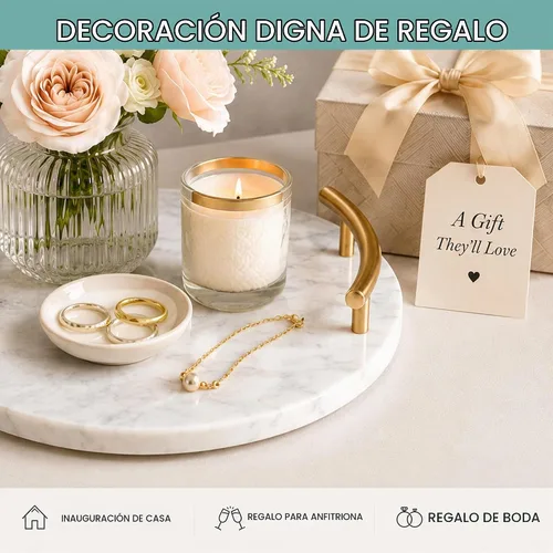 Vista 7 de Bandeja de mármol blanco con asas doradas, bandeja decorativa redonda de mármol para tocador