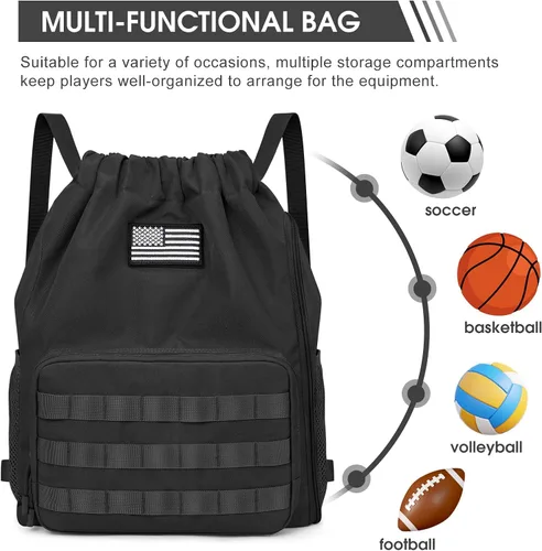 Vista 7 de G4Free Mochila con cordón para gimnasio, bolsa de baloncesto de fútbol con compartimento para zapatos, bolsa deportiva táctica, Negro -, Classic
