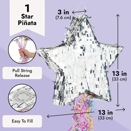 Vista 3 de Sparkle and Bash Piñata de estrella con cuerdas de tracción, plata, 13 x 13 x 3 pulgadas, decoración de cumpleaños temática espacial y suministro