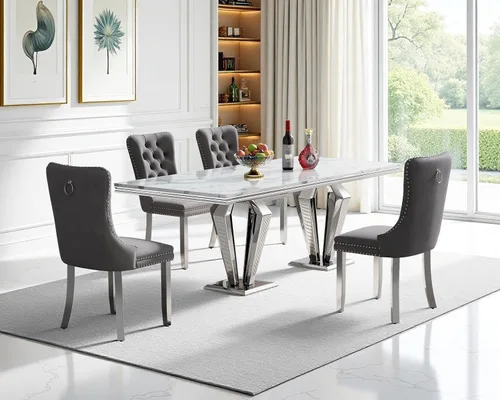 Vista 68 de Juego de mesa de comedor de mármol sintético, 7 piezas, juego de mesa de cocina y comedor para 6, mesa de comedor rectangular blanca de 70 pulgadas