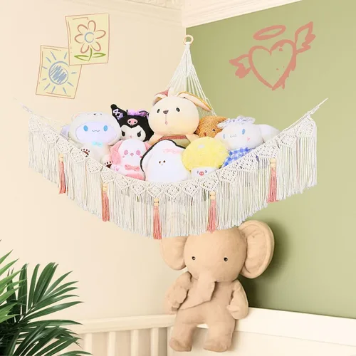 Vista 6 de Hamaca para animales de peluche, hamaca grande de macramé de felpa, red de almacenamiento de animales de peluche