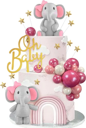 Vista 7 de 49 piezas de decoración de pastel de elefante, bolas de perlas, púas de pastel, mini botella de leche, decoración de pastel de estrella