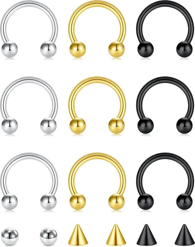 Vista 9 de D.Bella Anillos de herradura para el tabique de nariz de acero quirúrgico 16G 18G 20G Joyería de piercing para nariz, cartílago, hélix, tragus, aro