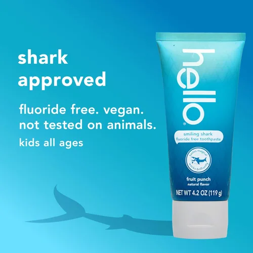 Vista 5 de hello Smiling Shark - Pasta de dientes sin flúor para niños, ponche de fruta natural, tubo de 4.2 onzas Elimina la placa, pule, blanquea, sabe