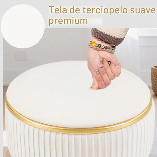Vista 4 de Taburete de tocador ajustable con almacenamiento, silla taburete de maquillaje giratorio de 360°, otomana redonda pequeña de terciopelo con base