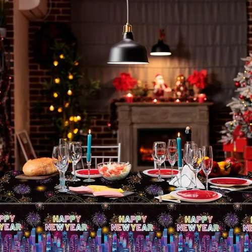 Vista 7 de SpinLaLa Mantel de plástico desechable de 3 piezas de 54 x 108 pulgadas, diseño de fuegos artificiales negros y horizonte urbano para fiestas de Año