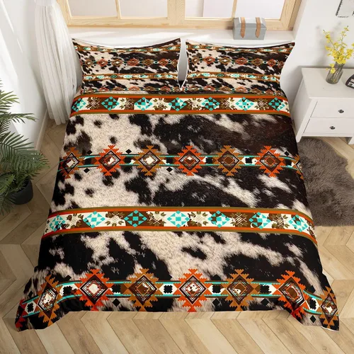 Vista 19 de Erosebridal Funda de edredón de piel de vaca marrón con estampado de vaca de las tierras altas, juego de ropa de cama occidental exótico azteca