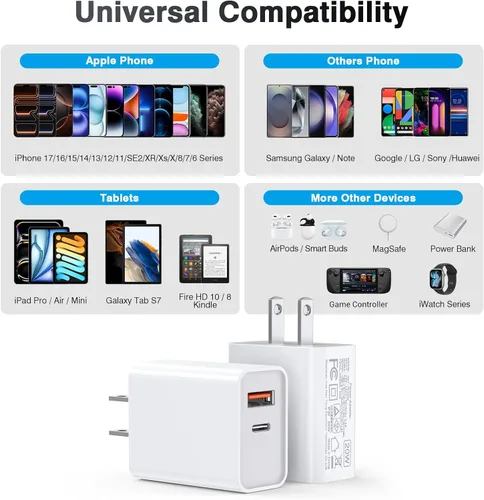 Vista 3 de [Paquete de 2] Adaptador de doble puerto de carga rápida USB C de 20 W Blanco