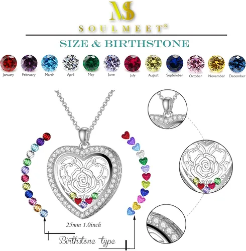 Vista 5 de SOULMEET Collar con medallón flotante de corazónredondo que sostiene piedras de nacimientoimágenesmedallón de cabello, flor viva DIY colgante