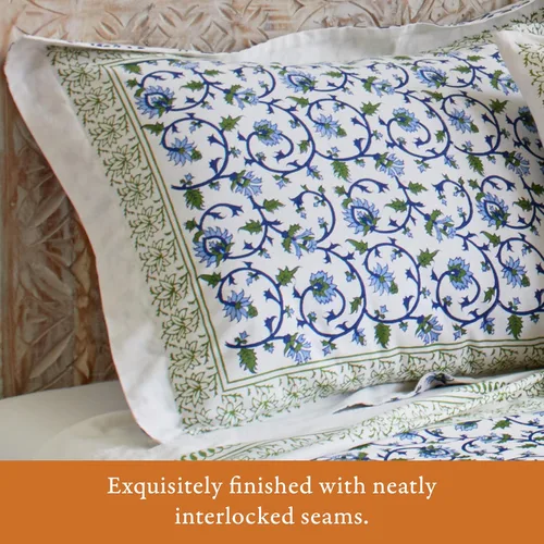 Vista 3 de Saffron Marigold Funda de almohada azul floral iluminado por la luna Taj - CP, algodón de calidad, comercio justo, ropa de cama bohemio
