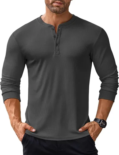 Vista 37 de COOFANDY Camisas Henley de manga larga para hombre, camisetas elásticas acanaladas, camisetas básicas casuales de moda