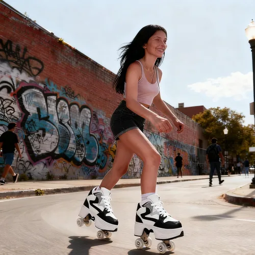 Vista 2 de 4 Wheel Pop-Up Roller Skate Shoes for Women Men Girls Boy Fashion Outdoor Indoor Quad-Skates for Kids & Adults