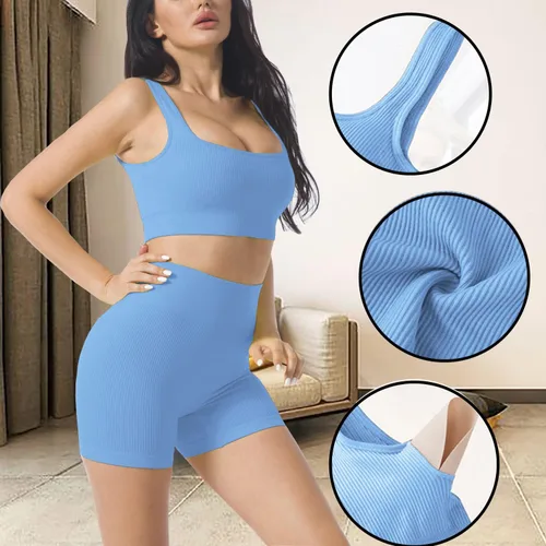 Vista 6 de Conjuntos de entrenamiento para mujer, 2 piezas, sin costuras, sexy, de un hombro, brasier deportivo, pantalones cortos de cintura alta, GMY Yoga