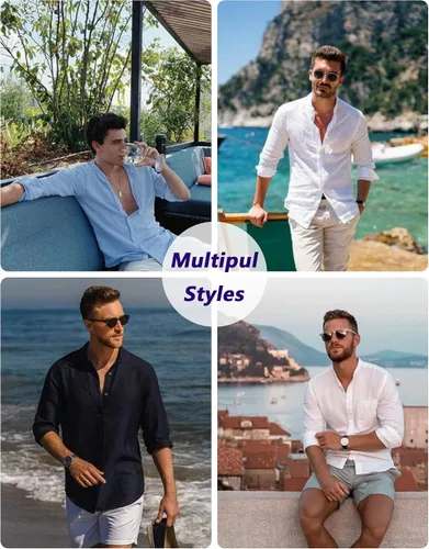 Vista 4 de COOFANDY Camisa de vestir de lino y algodón con botones para hombre manga larga casual para la playa