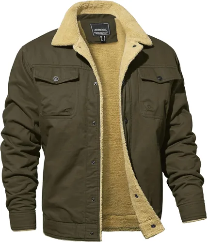 Vista 12 de MAGNIVIT Chaqueta cargo de algodón para hombre, chaqueta de trabajo con forro polar Sherpa de invierno con 5 bolsillos