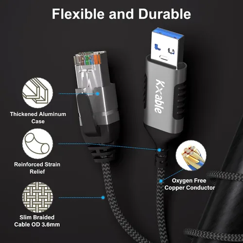 Vista 4 de Kxable Cable USB a Ethernet delgado de 4 pies, cable delgado USB 3.0 A a RJ45, conectado directamente, aluminio, trenzado, OFC, cable de red LAN USB