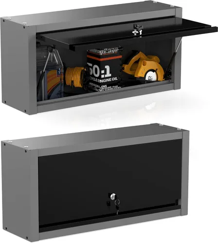 Vista 11 de JZD Armario de pared de metal con estante extraíble, armario colgante con cerradura con puerta que se abre hacia arriba, para cocina, almacén