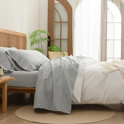 Vista 11 de BESTOUCH Juego de sábanas 100% algodón lavado, tacto de lino, súper suave, cómodo, elegante, ligero, juego de ropa de cama de 3 piezas, color gris