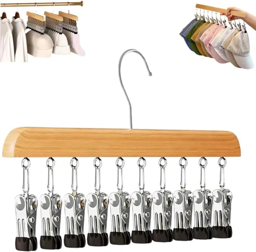Vista 10 de Organizador de armario con 10 clips, organizador colgante de armario ajustable de madera para armario, colgador de pantalones de acero inoxidable