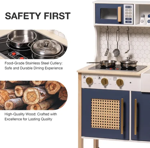 Vista 5 de ROBOTIME Cocina de Madera para Jugar, Juego de Cocina para Niños y Pequeñitos, Cocina de Juego para Niños con Luces y Sonidos, Cocina de Juguete Azul