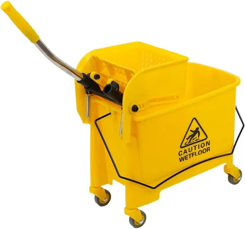 Vista 2 de Combo de cubo de fregona y escurridor lateral, carrito de limpieza resistente y comercial, escurridor de resorte sobre ruedas para limpieza