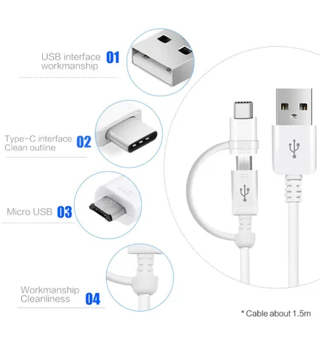 Vista 3 de Cable de datos USB de 5 A completo funciona para DJI Osmo Action con adaptador MicroUSB y USB tipo C para velocidades de carga rápida dual Blanco
