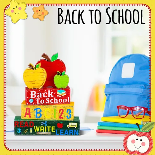 Vista 3 de Geelin 4 piezas de decoración escolar de regreso a clases en madera, bandeja escalonada de manzana, mini pilas de libros de madera, lápices, libros