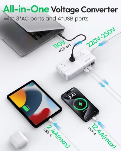 Vista 5 de Convertidor de viaje de 220 V a 110 V, convertidor de voltaje de EE. UU. a Europa, convertidor de corriente con 3 enchufes de CA y 4 puertos USB-A