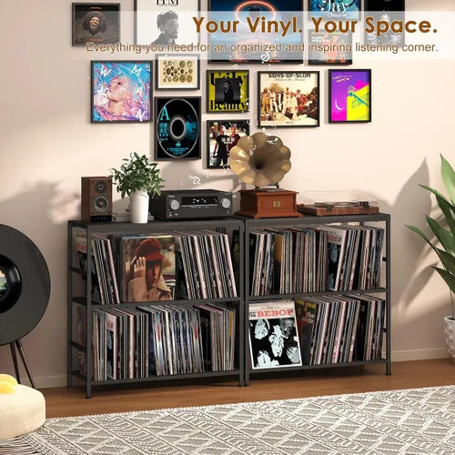 Vista 6 de Sonyabecca 3-Tier Record Player Stand with Adjustable Vinyl Storage, Black Vinyl Record Storage Up to 350 Albums, 4 Adjustable Dividers, Large