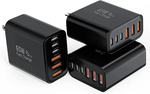 Vista 9 de Bloque de cargador USB C de 65 W, 2 unidades de 6 puertos Apple USB C GaN adaptador de corriente PD de carga rápida + enchufe de pared QC