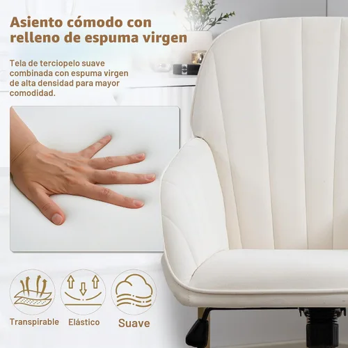 Vista 4 de Silla de tocador de terciopelo con ruedas y base dorada, 330 libras Beige