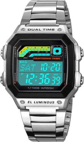 Vista 17 de PASOY Reloj de pulsera digital multifunción para hombre, con hora doble, alarma, cronómetro, cuenta regresiva, retroiluminación, resistente al agua