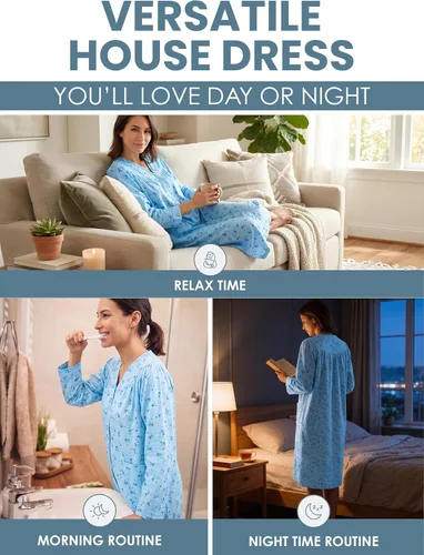 Vista 5 de Casual Nights Vestido largo de franela con botones florales en la parte delantera, manga larga, bata de casa holgada para mujer Floral azul