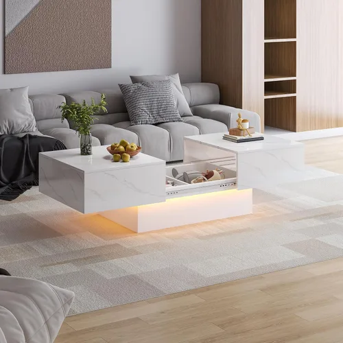 Vista 9 de Mesa de café negra moderna con almacenamiento oculto para sala de estar, mesa central rectangular de sala de estar con tapa deslizante y luces LED