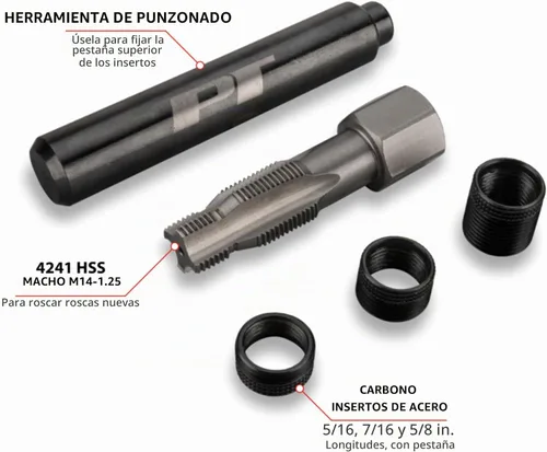Vista 2 de Performance Tool W86910 Kit de reparación de bujías M14-1.25 Tamaño de rosca y escariador cónico HSS, (3) insertos de acero inoxidable 503 Kit
