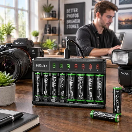 Vista 8 de HiQuick Cargador de batería AA AAA de 8 bahías con 4 pilas AA 2800mAh y 4