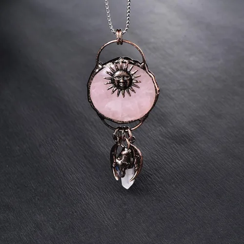 Vista 2 de Collar con colgante de cristal rosa, collar de piedras curativas de cobre, collar con colgante de piedras preciosas naturales, regalo para mujer