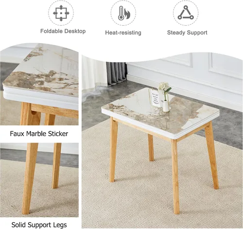 Vista 6 de Mesa de piedra sinterizada de imitación mármol blanco con patas de madera de goma, escritorio plegable para computadora, escritorio de oficina