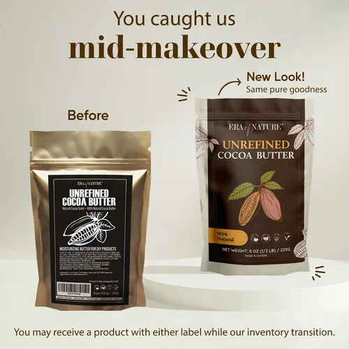 Vista 3 de Era of Nature Manteca de Cacao Cruda – 100% Pura y Sin Refinar, Cacao Prensado en Frío – Para Cuidado de la Piel y del Cabello DIY – Hidratación