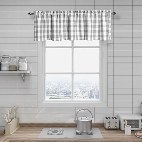 Vista 12 de Amzdecor Cortina de lino con cenefa a cuadros blancos y negros, con bolsillo para barra, rústica, para cocina, sala de estar, dormitorio, 1 panel