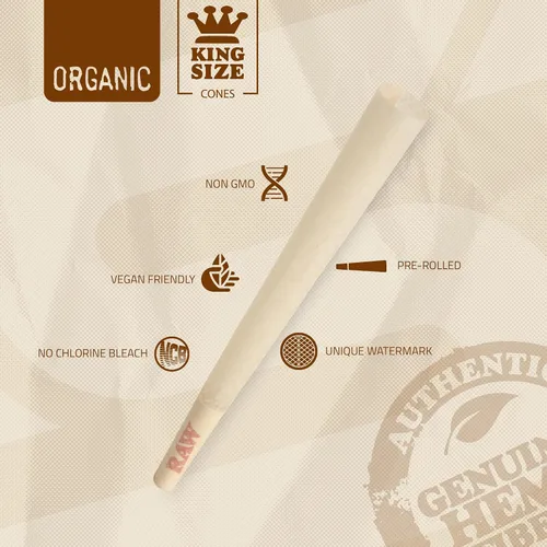 Vista 3 de RAW Cones Organic King Size - Paquete de 100 conos preenrollados de combustión lenta con puntas incluidas