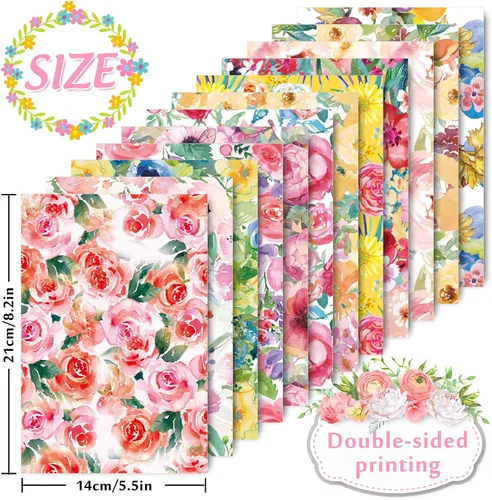 Vista 2 de Whaline 60 hojas de papel de patrón floral tamaño A5 acuarela flor álbum de recortes papel papel de doble cara primavera manualidades papeles