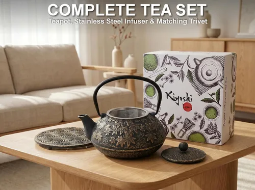Vista 3 de Juego de 3 teteras japonesas de hierro fundido de gran capacidad de 40 onzas con salvamanteles e infusor de té de hojas sueltas, tetera de hierro